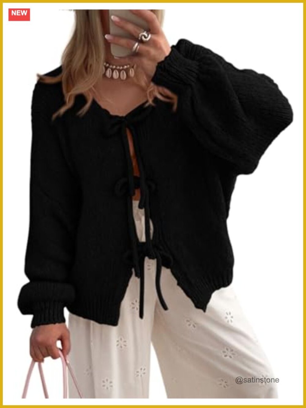 Women's Tie Front Bow Cardigan Sweater Puff Sleeve Knit Open Cardigan...
